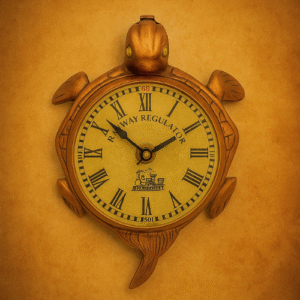 Vintage turtle-shaped wall clock with antique railway regulator dial on warm beige background