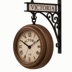 Vintage Victoria Station Double-Sided Wall Clock with Bronze Finish on White Background