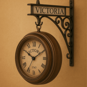 ntage Victoria Station Double-Sided Wall Clock with Bronze Finish on White Background