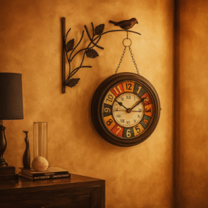 Vintage hanging wall clock with colorful numbers, suspended from a black bird bracket, on a warm textured beige wall with soft lighting.