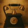 Vintage black and brass rotary telephone with textured beige background and warm lighting