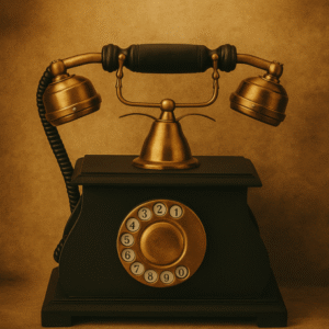 Vintage black and brass rotary telephone with textured beige background and warm lighting
