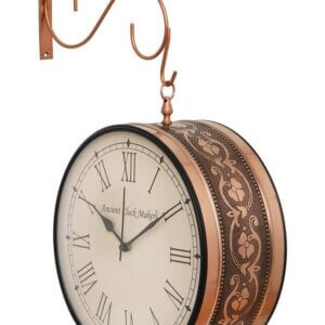 Ornate Double-Sided Vintage Copper Wall Clock with Roman Numerals and Decorative Bracket
