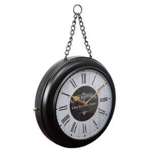 Vintage double-sided black metal wall clock with bird and branch design, featuring classic Roman numerals.
