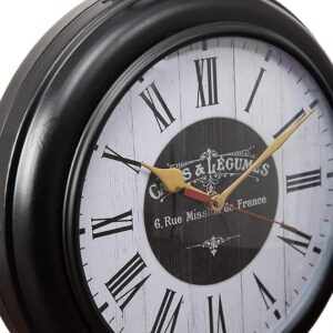 Vintage double-sided black metal wall clock with bird and branch design, featuring classic Roman numerals.