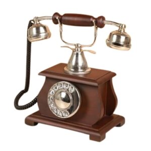 Antique brass rotary telephone on mahogany base - vintage decor collectible
