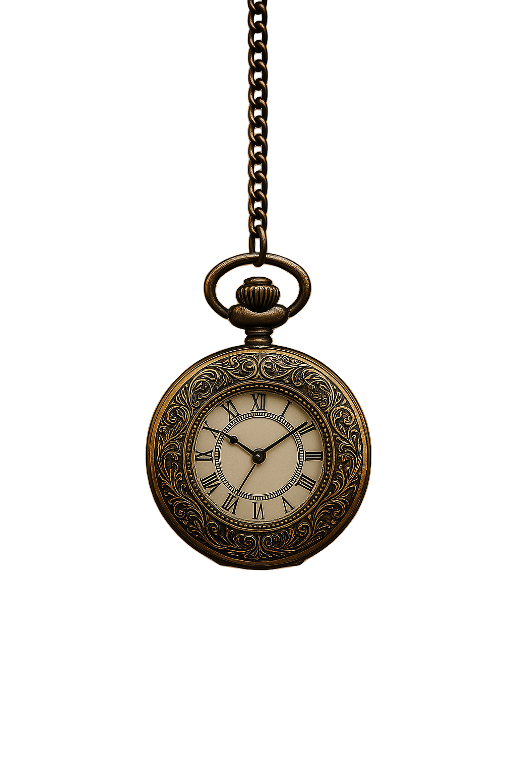 Antique pocket watch with intricate design suspended in air on vintage background