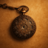 Vintage bronze pocket watch with intricate heart and star design on a warm textured beige background, antique aesthetic