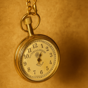 Vintage gold pocket watch on warm textured beige background with antique charm