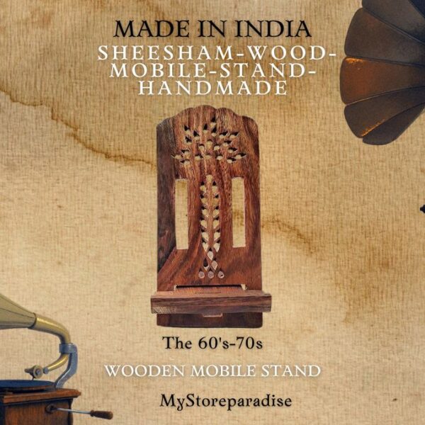 Handmade Sheesham wood mobile stand holding smartphone in portrait and landscape mode"