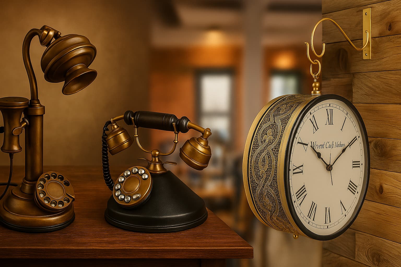 A high-resolution image featuring a vintage telephone, wall clock, and table clock, perfect for home décor.