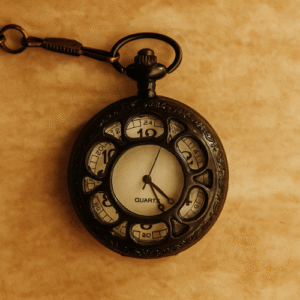 Antique black pocket watch with unique numbered design on warm beige textured background