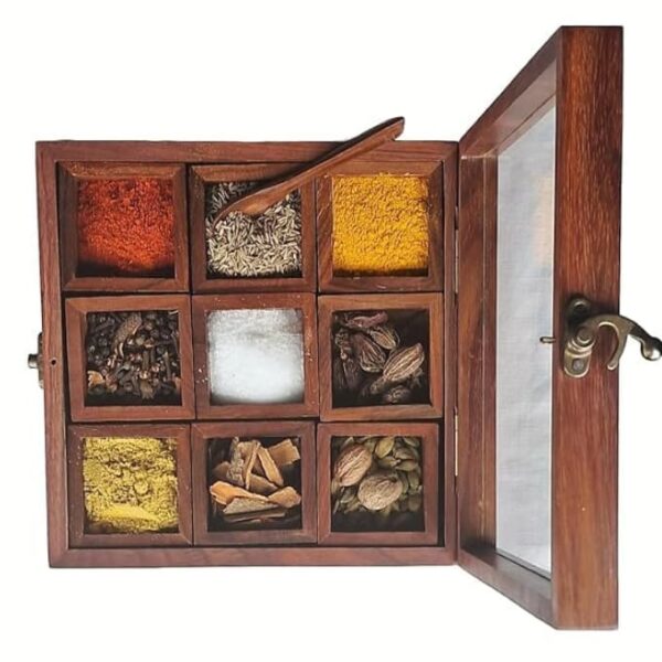 Handcrafted Wooden Spice Box with 9 Compartments and Glass Lid