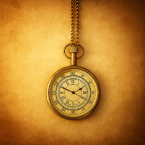 Antique brass pocket watch with Roman numerals and gold chain, against a warm textured beige background with soft lighting.