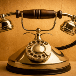 Vintage silver and black rotary telephone with warm textured beige background and soft lighting