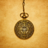 Antique brass pocket watch with ornate filigree design on a warm beige background
