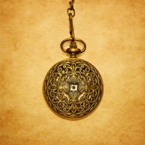 Antique brass pocket watch with ornate filigree design on a warm beige background
