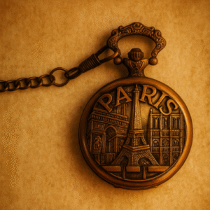 Antique Paris pocket watch with Eiffel Tower and city landmark engraving on warm beige background