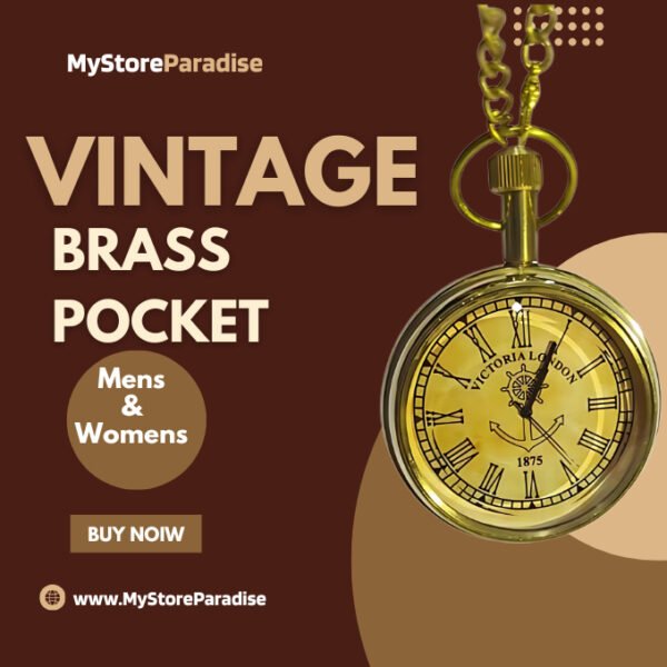 Vintage Brass Pocket Watch with Chain Golden Roman Numbers Dial