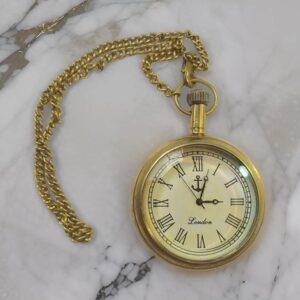 Brass Vintage Pocket Watch with Roman Numeral Dial and Wooden Gift Box