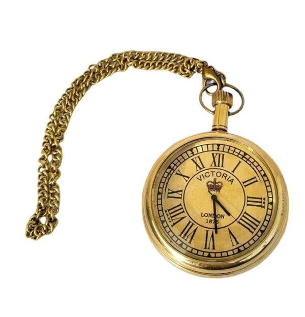 Antique Brass Pocket Watch with Victoria London 1875 Engraving and Chain
