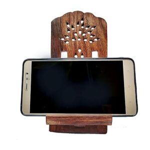 Handmade Sheesham wood mobile stand holding smartphone in portrait and landscape mode"