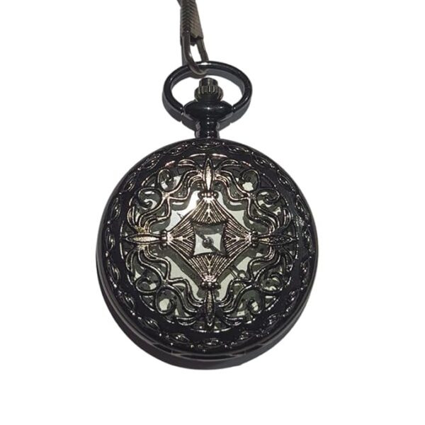Ornate Black Vintage Pocket Watch with Elegant Filigree Case and Matching Chain