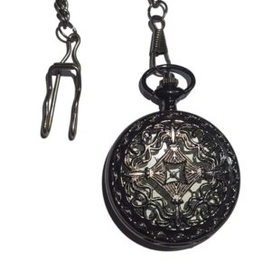 Ornate Black Vintage Pocket Watch with Elegant Filigree Case and Matching Chain
