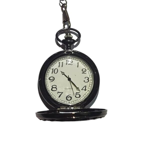 Ornate Black Vintage Pocket Watch with Elegant Filigree Case and Matching Chain