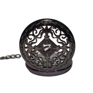 Ornate Black Vintage Pocket Watch with Elegant Filigree Case and Matching Chain