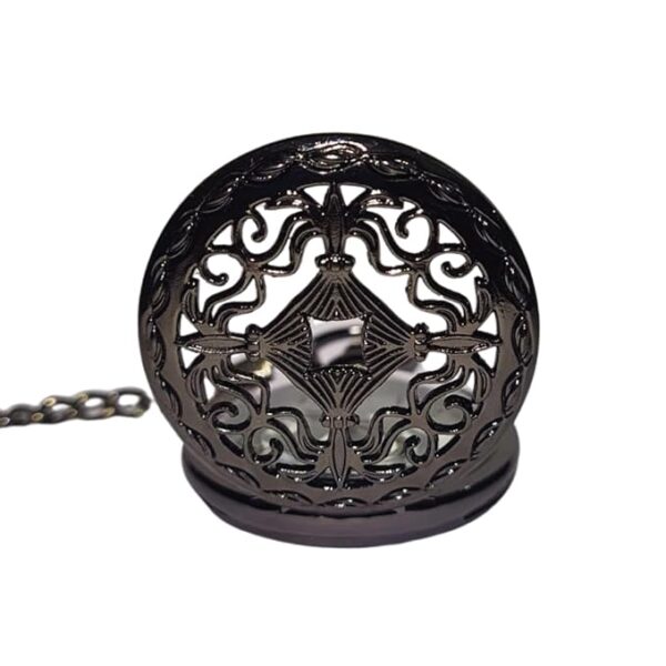 Ornate Black Vintage Pocket Watch with Elegant Filigree Case and Matching Chain