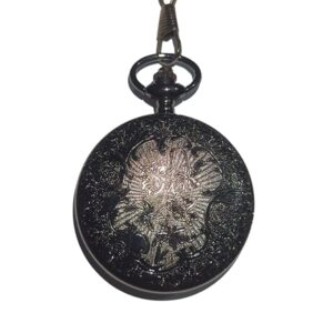 Ornate Black Vintage Pocket Watch with Elegant Filigree Case and Matching Chain