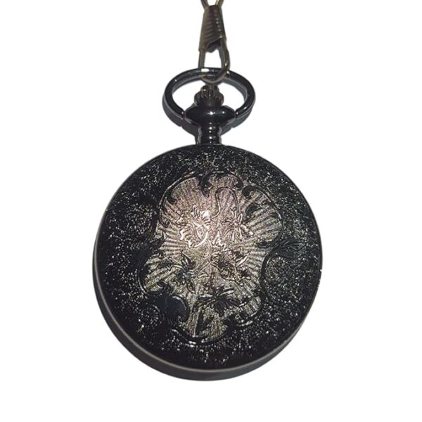 Ornate Black Vintage Pocket Watch with Elegant Filigree Case and Matching Chain