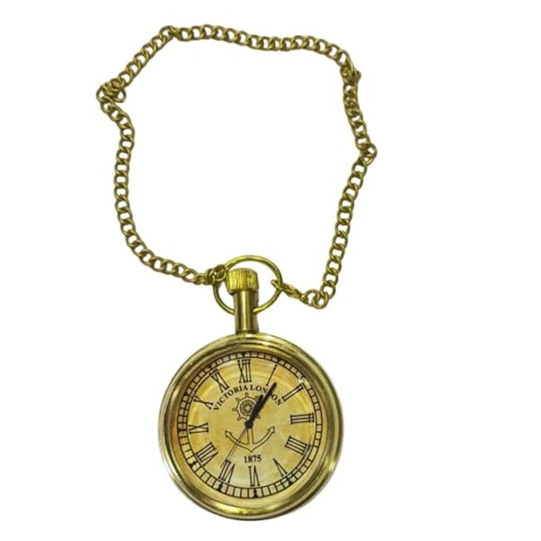 Vintage Brass Pocket Watch with Chain Golden Roman Numbers Dial