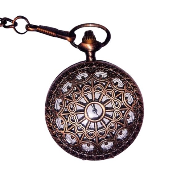 Antique Filigree Bronze Pocket Watch with Heart Web Cover – Classic Chain Timepiece for Men
