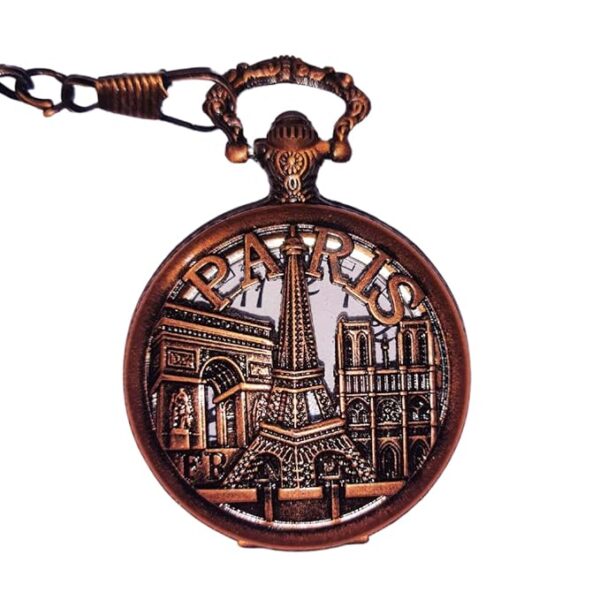 Vintage Paris Landmarks Pocket Watch with Chain – Eiffel Tower Bronze Design