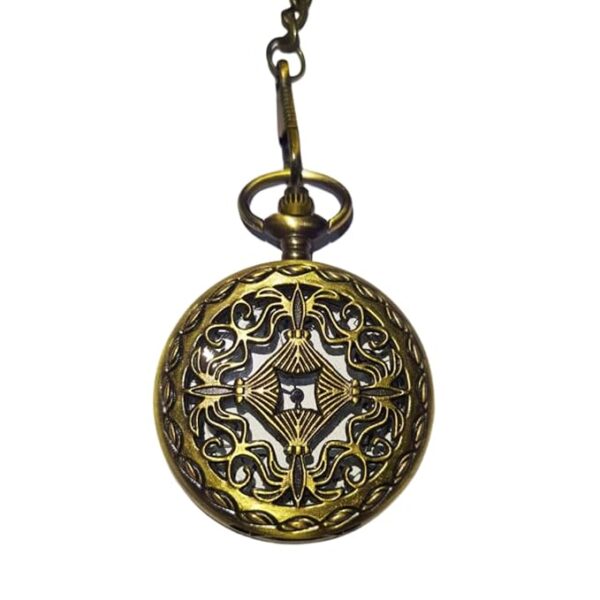 Vintage Bronze Pocket Watch with Filigree Cover and Keychain – Antique White Dial