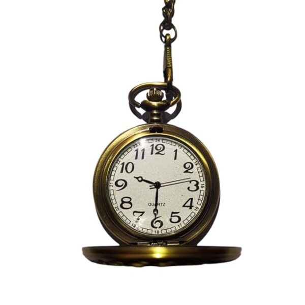 Vintage Bronze Pocket Watch with Filigree Cover and Keychain – Antique White Dial