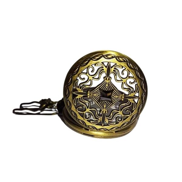 Vintage Bronze Pocket Watch with Filigree Cover and Keychain – Antique White Dial