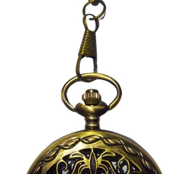 Vintage Bronze Pocket Watch with Filigree Cover and Keychain – Antique White Dial