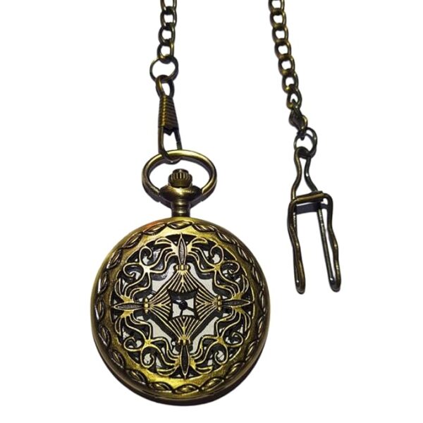 Vintage Bronze Pocket Watch with Filigree Cover and Keychain – Antique White Dial
