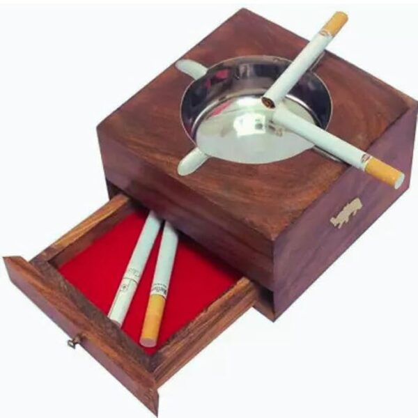 Handcrafted Wooden Ash Tray with Brass Inlay and Storage Compartment