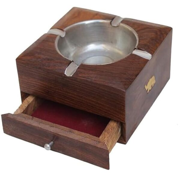 Handcrafted Wooden Ash Tray with Brass Inlay and Storage Compartment