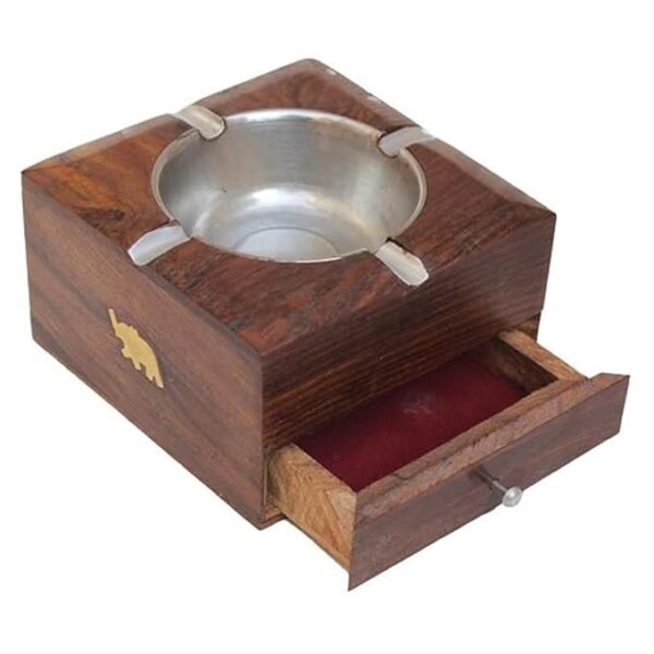 Handcrafted Wooden Ash Tray with Brass Inlay and Storage Compartment