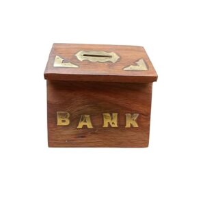 Handcrafted Wooden Money Bank for Kids with Brass Inlay and Coin Slot