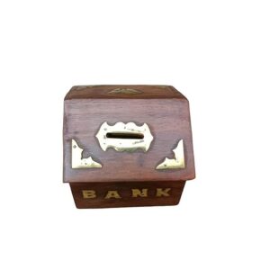 Handcrafted Wooden Money Bank for Kids with Brass Inlay and Coin Slot