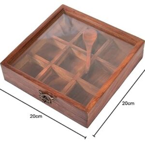 Handcrafted Wooden Spice Box with 9 Compartments and Glass Lid