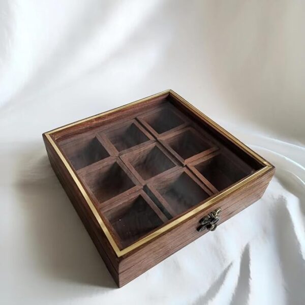 Handcrafted Wooden Spice Box with 9 Compartments and Glass Lid