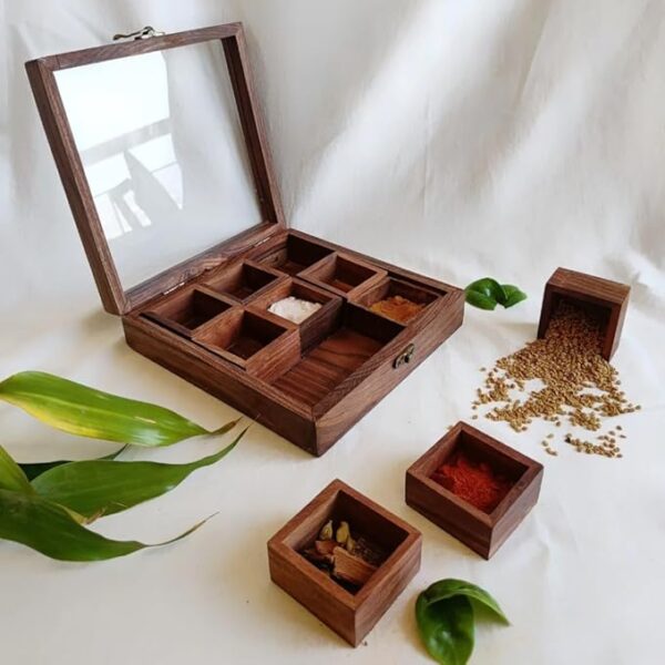 Handcrafted Wooden Spice Box with 9 Compartments and Glass Lid