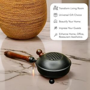 Black Metal Dhoop Dani with Wooden Handle – Round Incense Burner